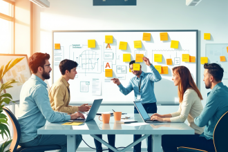 Team collaborating on Agile project management in a modern office, using digital tools and brainstorming techniques to enhance productivity and flexibility.