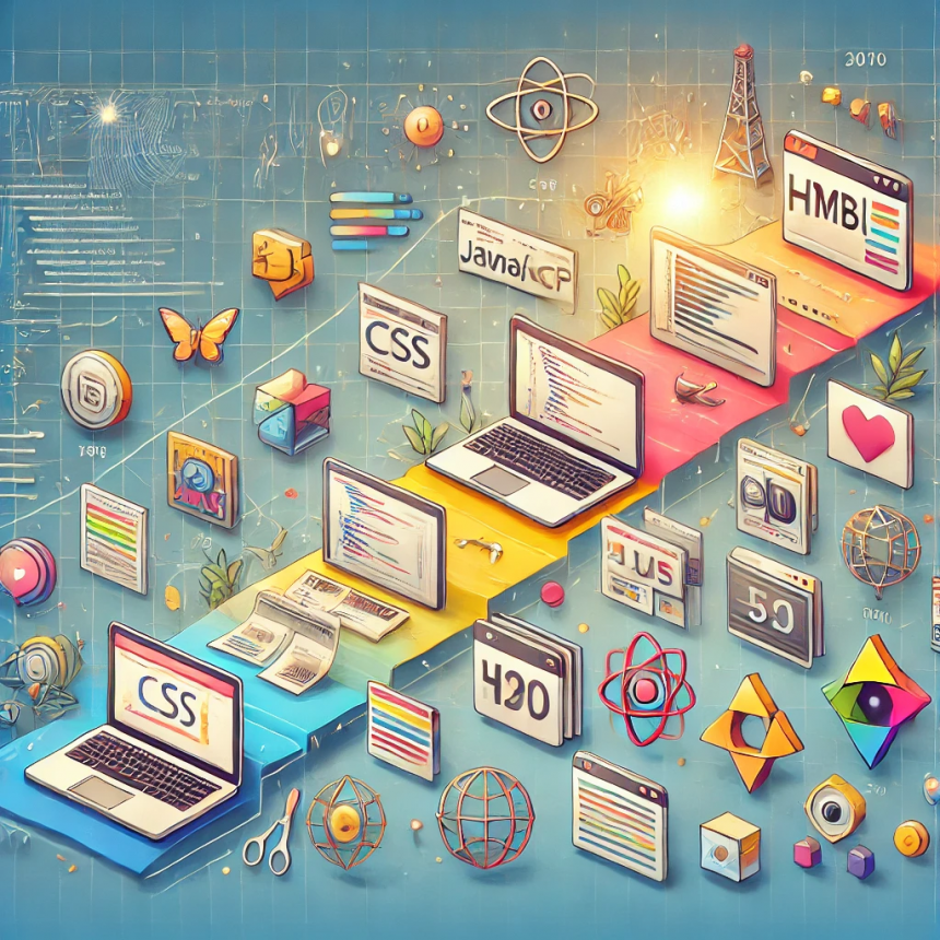 Timeline showing the evolution of front-end development from static HTML pages to modern, dynamic applications with advanced frameworks, tools, and trends.