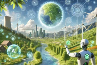 A futuristic digital landscape showing a combination of artificial intelligence (AI) and environmental sustainability